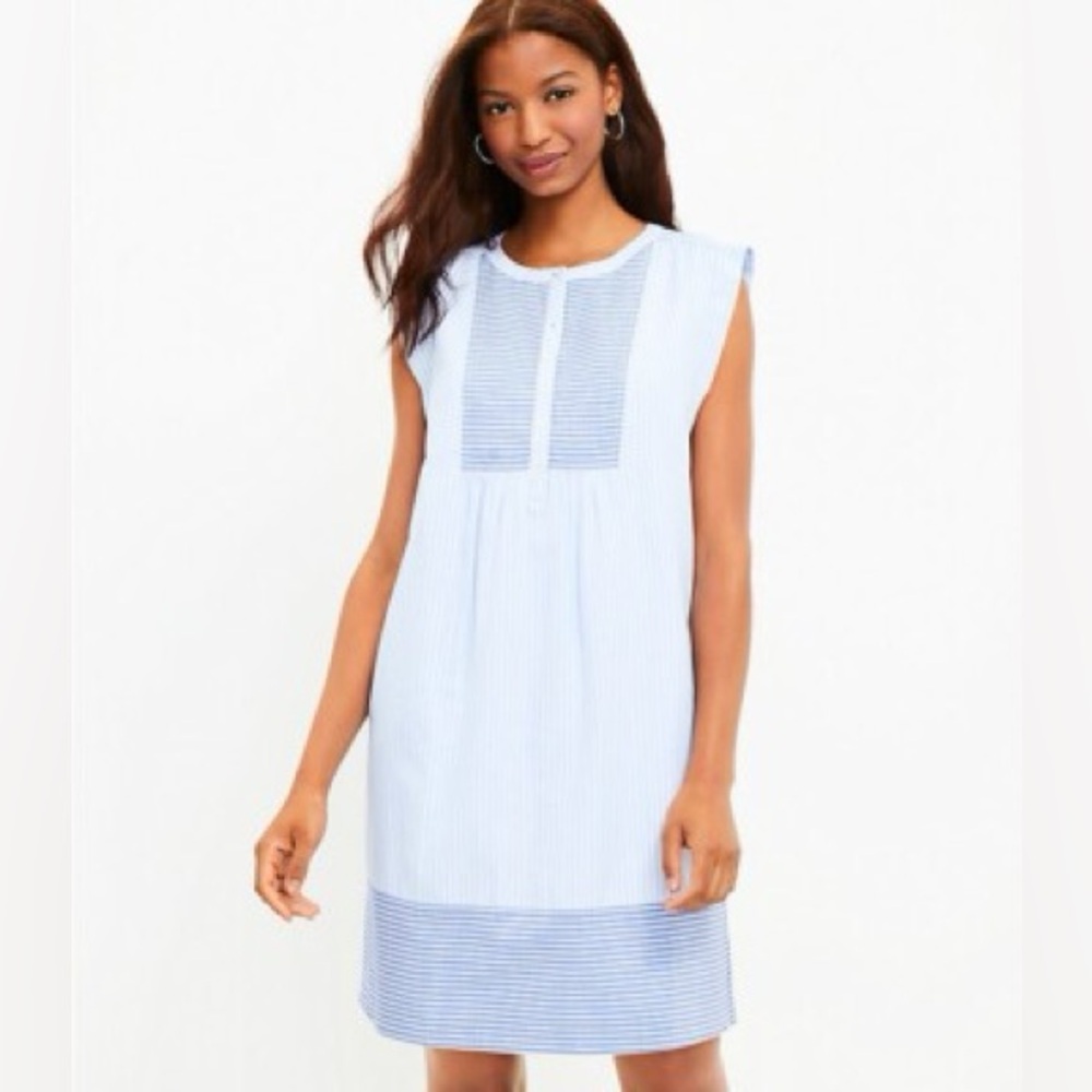 LOFT Striped Henley Shift Dress Sky Blue Size Small - Picture 2 of 8